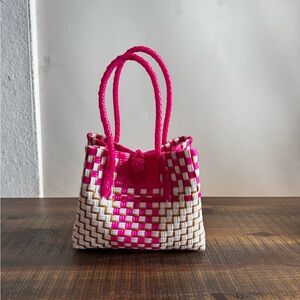 Pink White Gold hand made Plastic Woven Bag